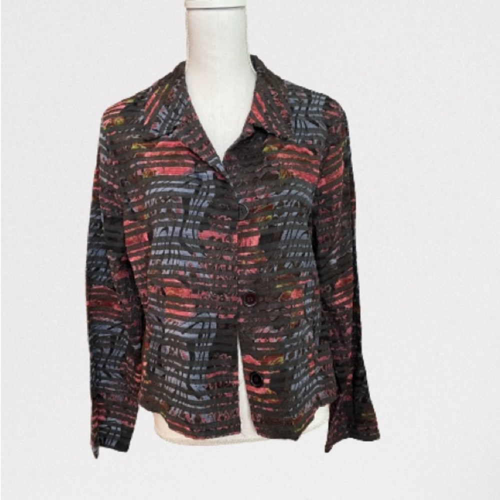 Jacket NWOT black stripe over blue, pink, plum floral size L